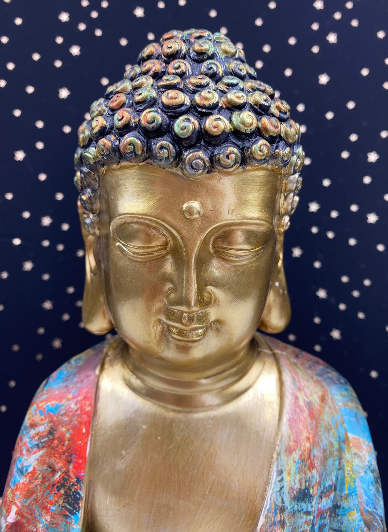 Hand Painted Meditation Buddha Statue, 12" Large Unique Altar Shrine Watercolor Gold Good Luck Birthday Spiritual Housewarming Gift