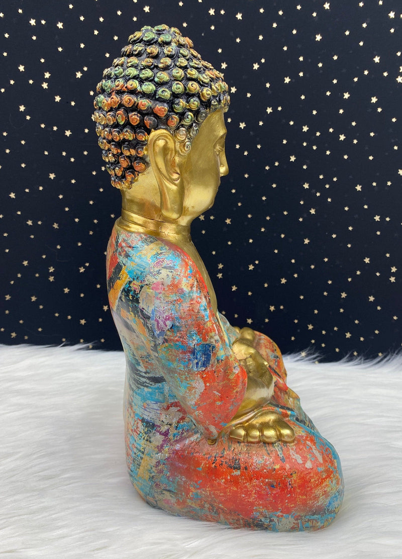 Hand Painted Meditation Buddha Statue, 12" Large Unique Altar Shrine Watercolor Gold Good Luck Birthday Spiritual Housewarming Gift