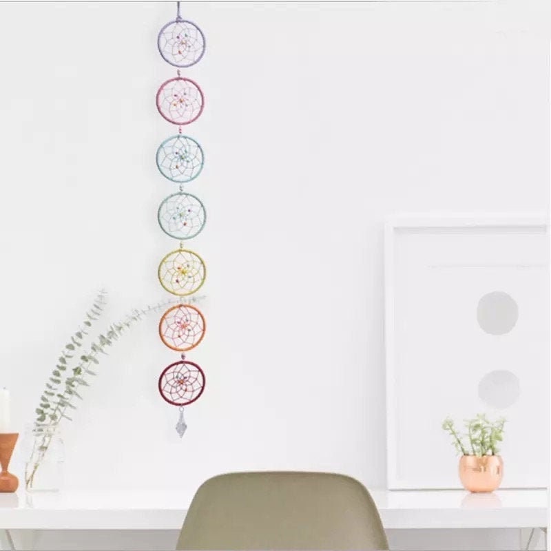 Rainbow Chakra Dream Catcher Vertical Wall Hanging 7 Rings Large Mandala Dreamcatcher Colorful Decor, Car Pendant Birthday Gift