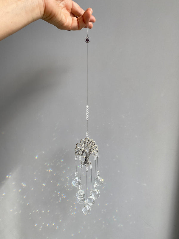 Tree of Life Sun Catcher 18" x 2.5" Crystal Prism Ball Charm Suncatcher Silver Metal Ball Pendant Rainbow Maker Bridesmaid Gift