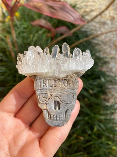 2.72" 80g Clear Quartz Skull Hand Carved Crystal, Biker Musician Unique Gift Healing Spiritual Gangster Birthday Anniversary Father's Day