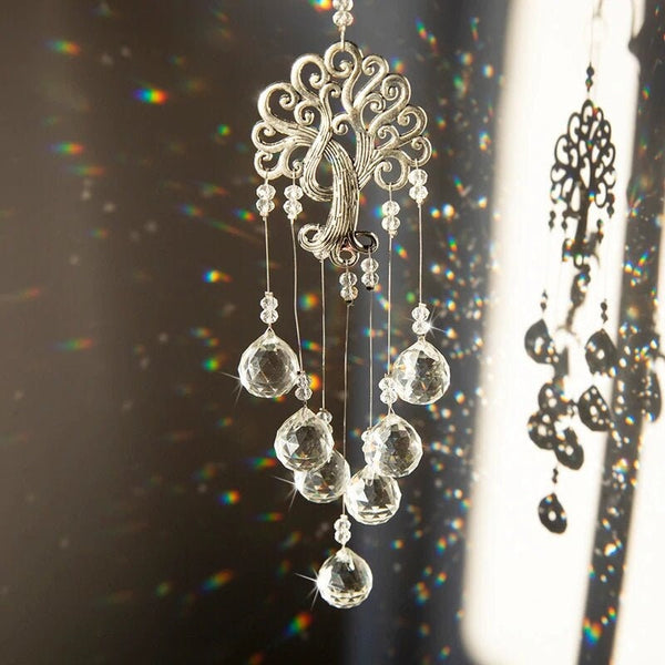 Tree of Life Sun Catcher 18" x 2.5" Crystal Prism Ball Charm Suncatcher Silver Metal Ball Pendant Rainbow Maker Bridesmaid Gift