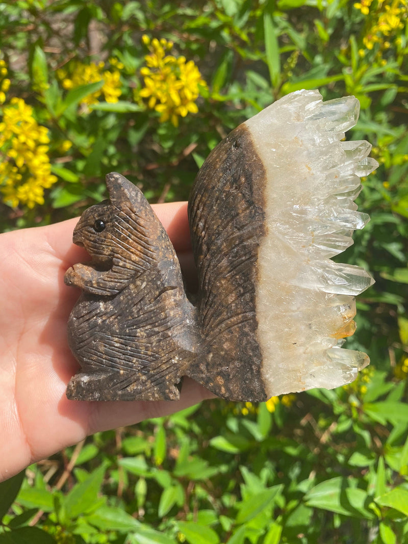 5.2" 230g Large Hand Carved Squirrel Clear Quartz Cluster Good Luck Healing Crystal Birthday Unique Protection Gift Specimen Stone