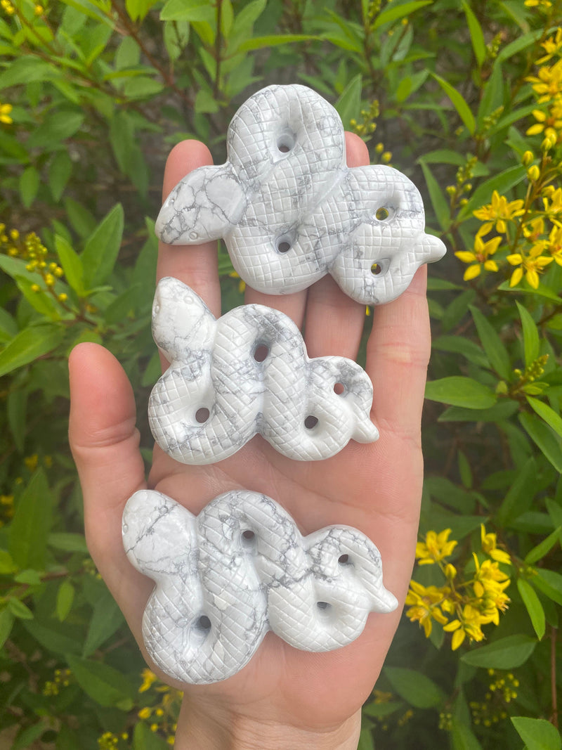 White Gray Howlite Snake Hand Carved Crystal for Inspiration Creativity Wisdom Self Awareness Gemini Altar Tile Birthday Alter
