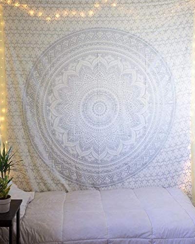 XL 60x80 Light Gray Mandala Black Light Tapestry Wall Hanging Bedroom Silver White Large Buddhist Festival Dorm Studio LED Lights Remote