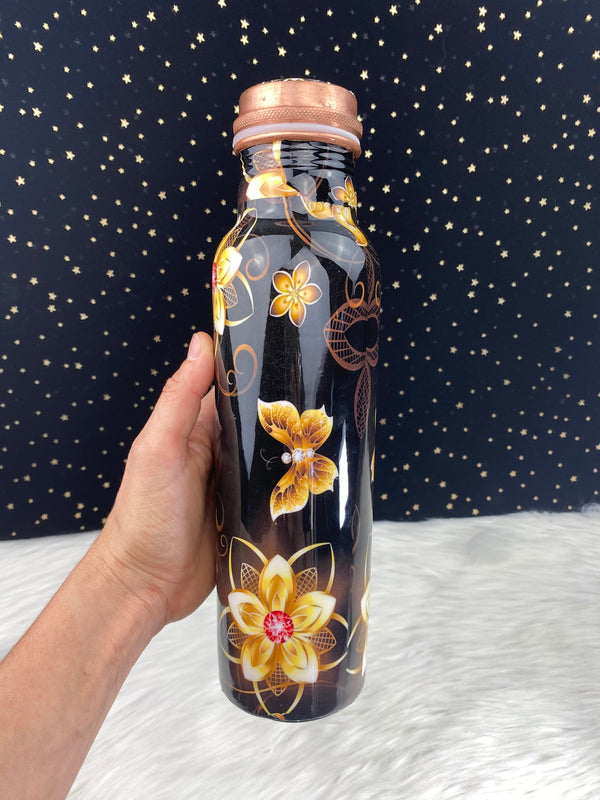 32oz 950mL Ayurvadic Pure Copper Printed Water Bottle, Yellow Flower Butterfly Nature, Meditation, Health Benefits, GREAT CHRISTMAS GIFT!