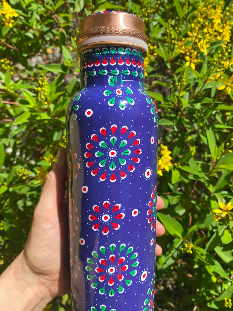 32oz 950mL Ayurvadic Pure Copper Printed Water Bottle, Red Green Blue Floral Mandala, Meditation, Health Benefits, GREAT CHRISTMAS GIFT!