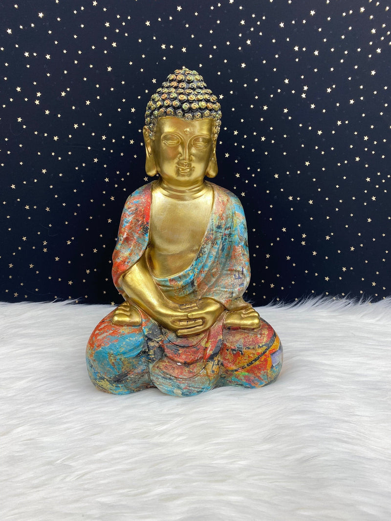 Hand Painted Meditation Buddha Statue, 12" Large Unique Altar Shrine Watercolor Gold Good Luck Birthday Spiritual Housewarming Gift
