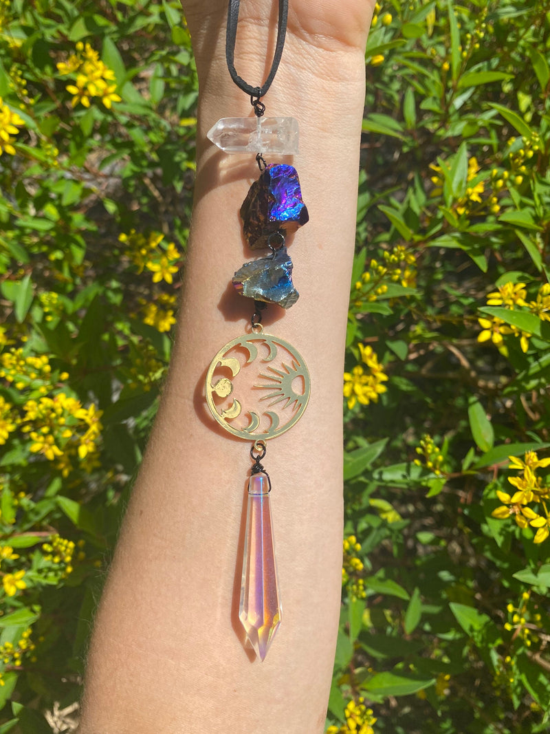 Sun & Moon Phase Gold Aura Quartz Prism Suncatcher Rainbow Maker Wall Hanging Boho Zen Decor Accessory Protection Banish Evil Gift for Her