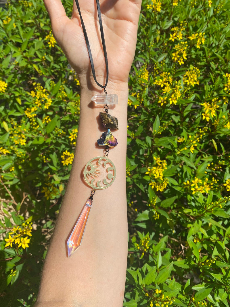Sun & Moon Phase Gold Aura Quartz Prism Suncatcher Rainbow Maker Wall Hanging Boho Zen Decor Accessory Protection Banish Evil Gift for Her