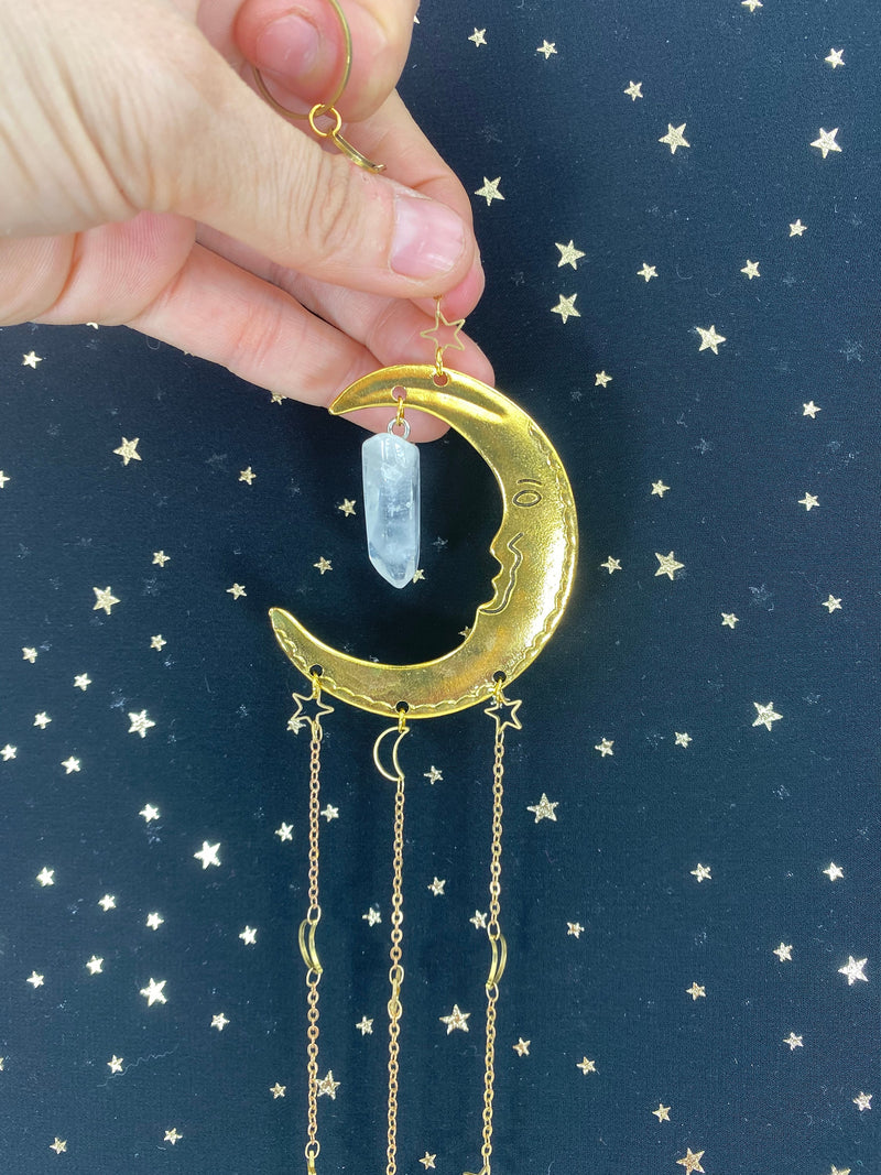 Large Crescent Moon Stars Clear Crystal Prism Balls Gold Suncatcher Rainbow Maker Wall Hanging Zen Decor Protection Banish Evil Gift for Her