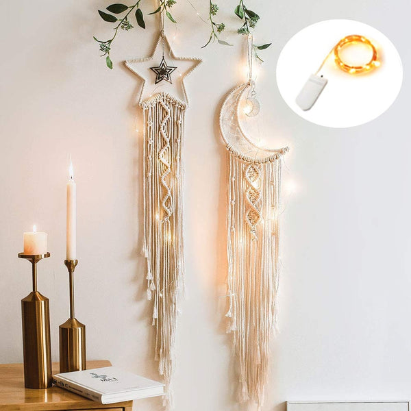 Crescent Moon & Star Dreamcatcher Set (UNASSEMBLED Led Fairy Lights) Macrame Tapestry Wall Home Decoration Nursery Wall Hanging Boho Art