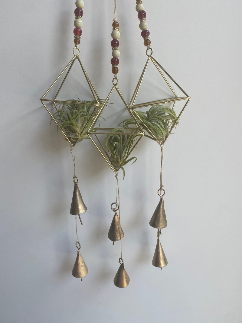 Geometric Hanging Beaded Agate Bell Air Plant Holder Indoor Plant Himmeli Brass Gold Metal Birthday Housewarming Gardening Geometric Plantar