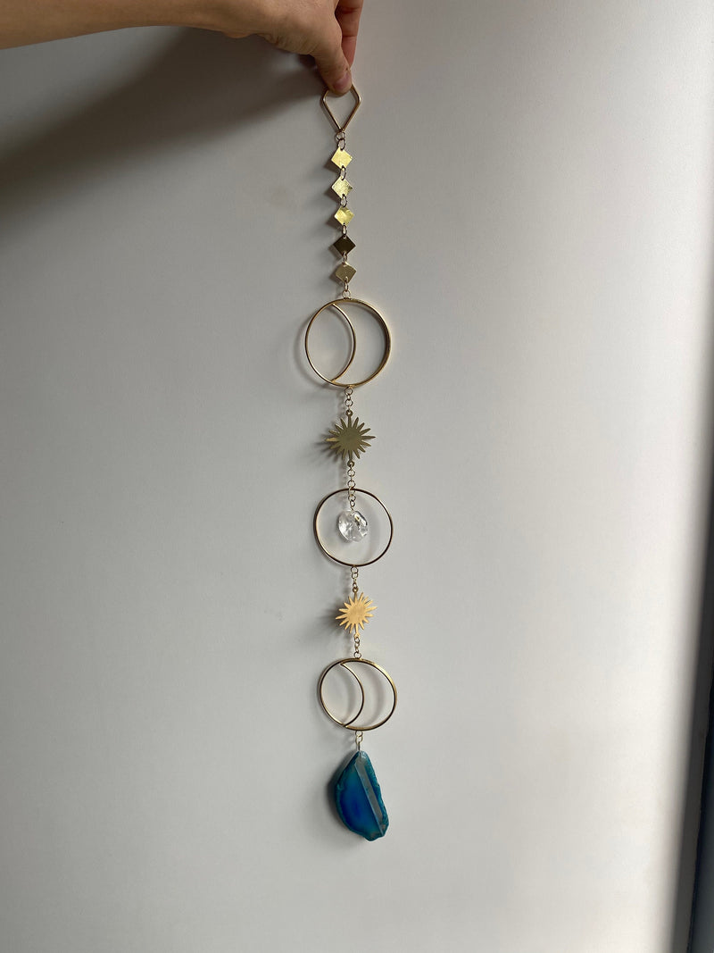 Crescent Moon Star Agate Suncatcher, Cosmic Lunar Phase Wall Hanging, Vertical Decoration, Gold Banner Garland, Eclectic Bedroom Art Gift