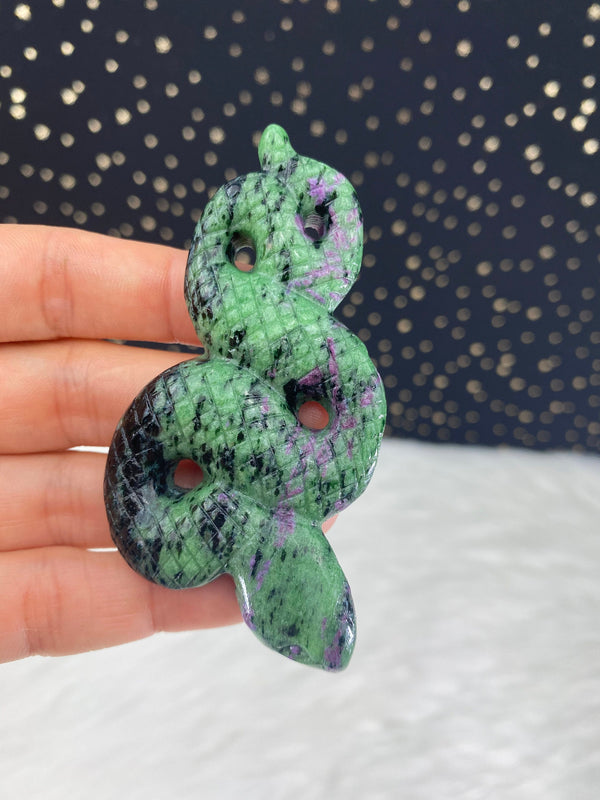 Green Pink Anyolite Ruby Zoisite Snake Hand Carved Crystal for Heart Chakra Dream Recall Relaxation Altar Tile Birthday Alter