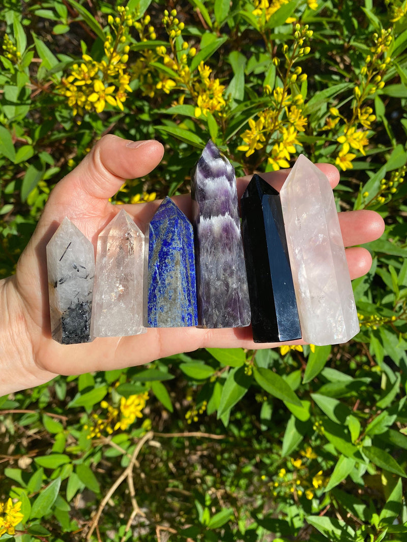 2.1-3.5" Self Standing Clear Quartz Amethyst Obsidian Rose Quartz Lapis Lazuli Black Tourmaline Obelisk Tower Points Crystal Lot 6 Crystals