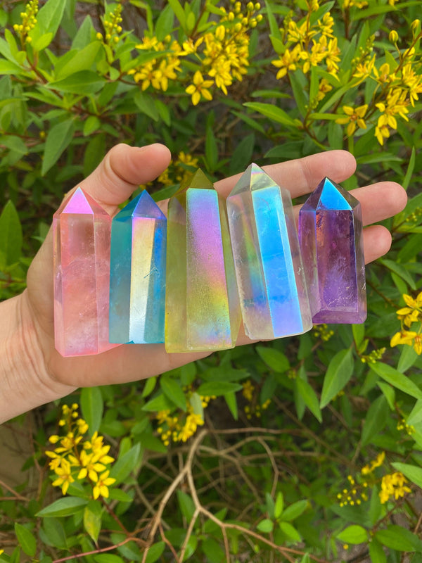 2-3" Self Standing Angel Aura Clear Quartz Obelisk Tower Points Crystal Lot 5 Pieces, Pink, Yellow, Blue, Purple Dyed Birthday Unique Gift