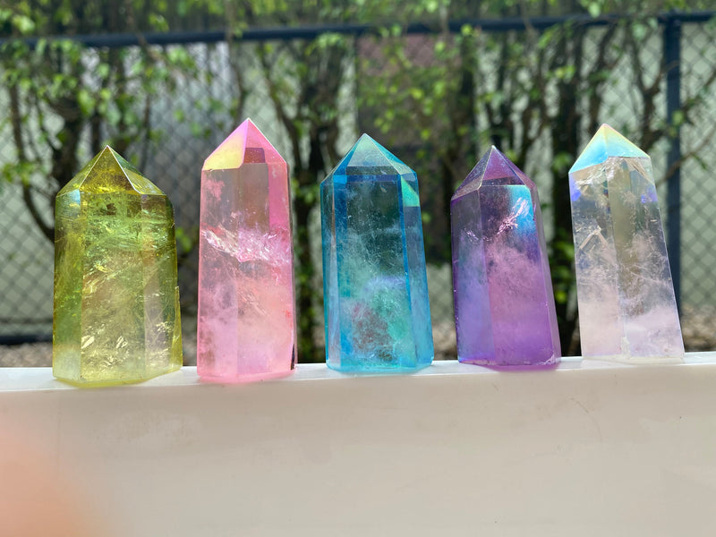 2-3" Self Standing Angel Aura Clear Quartz Obelisk Tower Points Crystal Lot 5 Pieces, Pink, Yellow, Blue, Purple Dyed Birthday Unique Gift