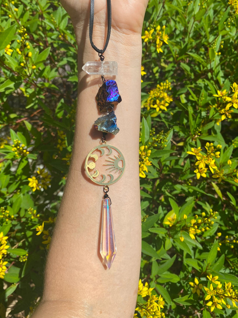 Sun & Moon Phase Gold Aura Quartz Prism Suncatcher Rainbow Maker Wall Hanging Boho Zen Decor Accessory Protection Banish Evil Gift for Her