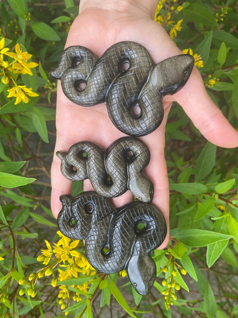 Goldsheen Obsidian Snake Hand Carved Crystal for Base Chakra Manifestation Psychic Ability Purification Altar Tile Birthday Alter Golden