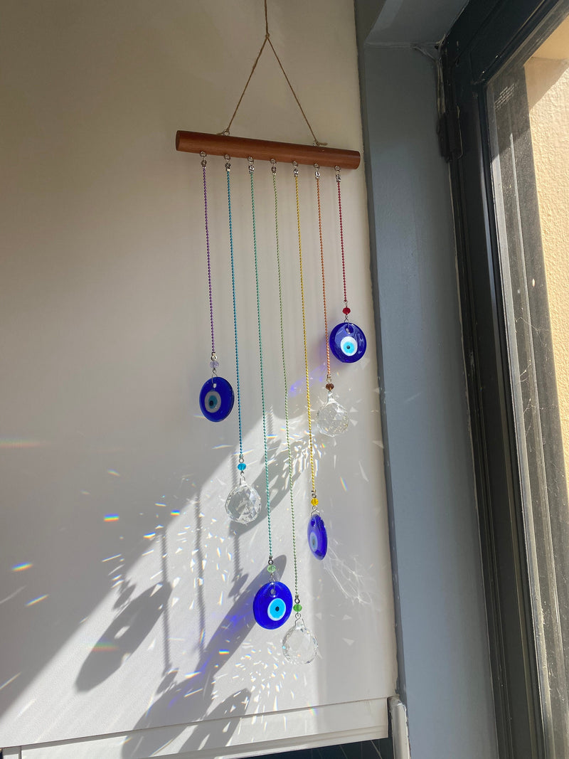 DEFECTS Turkish Blue Glass Evil Eye Bullseye Wood Wind Chime Large Fengshui Suncatcher Rainbow Maker Outdoor Birthday Anniversary Sympathy