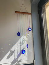 Turkish Blue Glass Evil Eye Bullseye Wood Wind Chime Large Fengshui Suncatcher Rainbow Maker Outdoor Birthday Anniversary Sympathy Memorial