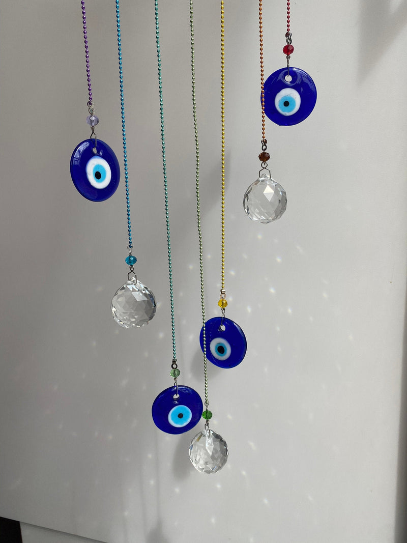 DEFECTS Turkish Blue Glass Evil Eye Bullseye Wood Wind Chime Large Fengshui Suncatcher Rainbow Maker Outdoor Birthday Anniversary Sympathy