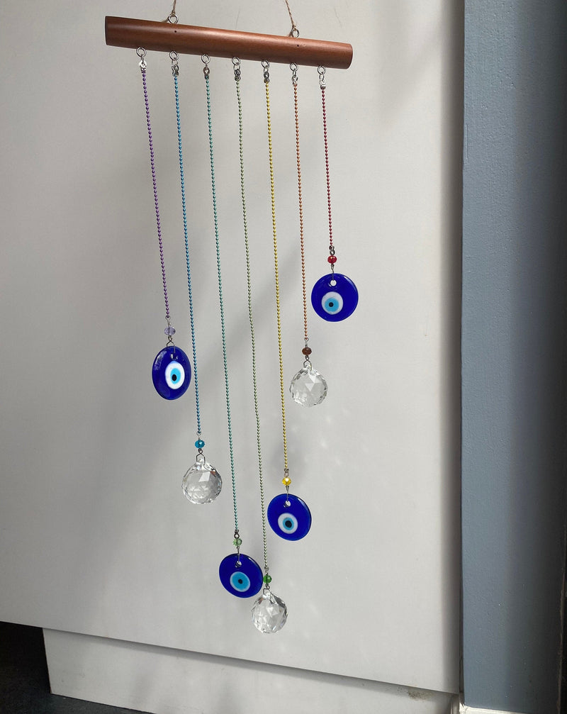 Turkish Blue Glass Evil Eye Bullseye Wood Wind Chime Large Fengshui Suncatcher Rainbow Maker Outdoor Birthday Anniversary Sympathy Memorial