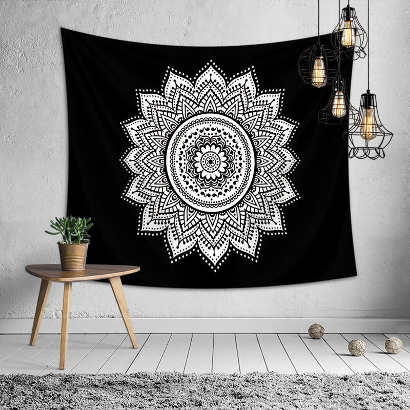 XL 60x80 Black White Mandala Black Light Tapestry Wall Hanging Bedroom Monochromatic Large Buddhist Festival Dorm Studio Lights Remote