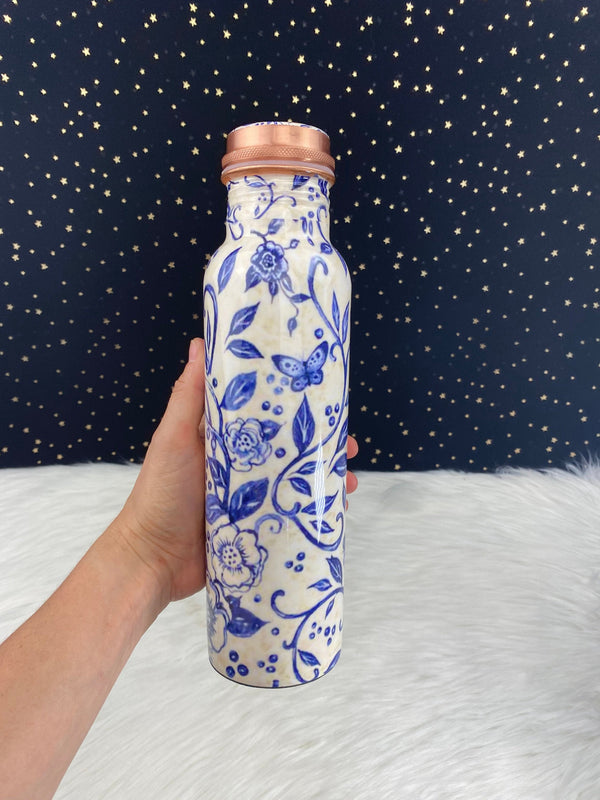 32oz 950mL Ayurvadic Pure Copper Printed Water Bottle, White Blue Butterfly Nature Bird, Meditation, Health Benefits, GREAT CHRISTMAS GIFT!