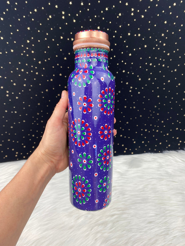 32oz 950mL Ayurvadic Pure Copper Printed Water Bottle, Red Green Blue Floral Mandala, Meditation, Health Benefits, GREAT CHRISTMAS GIFT!