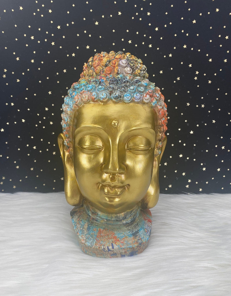 Hand Painted Meditation Buddha Head Statue, 10" Large Unique Altar Shrine Watercolor Gold Finish Good Luck Birthday Housewarming Gift