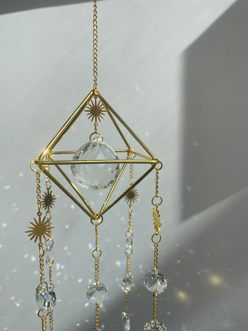 Large Gold Geometric Modern Suncatcher, Unique Celestial Clear Prism Ball Wall Hanging Zen Decor Protection Gift for Her