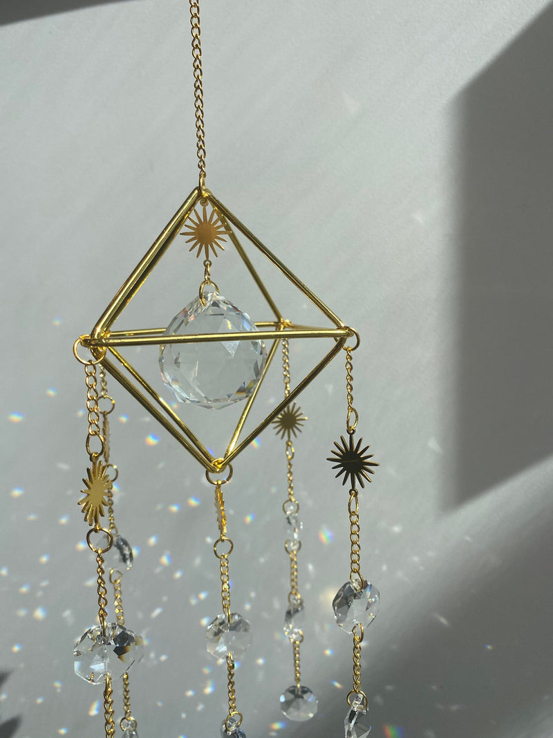 Large Gold Geometric Modern Suncatcher, Unique Celestial Clear Prism Ball Wall Hanging Zen Decor Protection Gift for Her