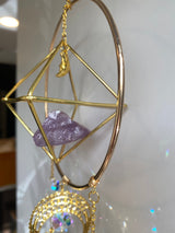 Large Amethyst Geometric Suncatcher Gold Modern Purple Crystal Clear Prism Circle Moon Celestial Hanging Zen Decor Good Luck Gift