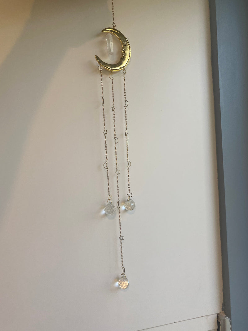 Large Crescent Moon Stars Clear Crystal Prism Balls Gold Suncatcher Rainbow Maker Wall Hanging Zen Decor Protection Banish Evil Gift for Her