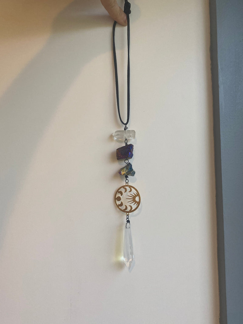 Sun & Moon Phase Gold Aura Quartz Prism Suncatcher Rainbow Maker Wall Hanging Boho Zen Decor Accessory Protection Banish Evil Gift for Her