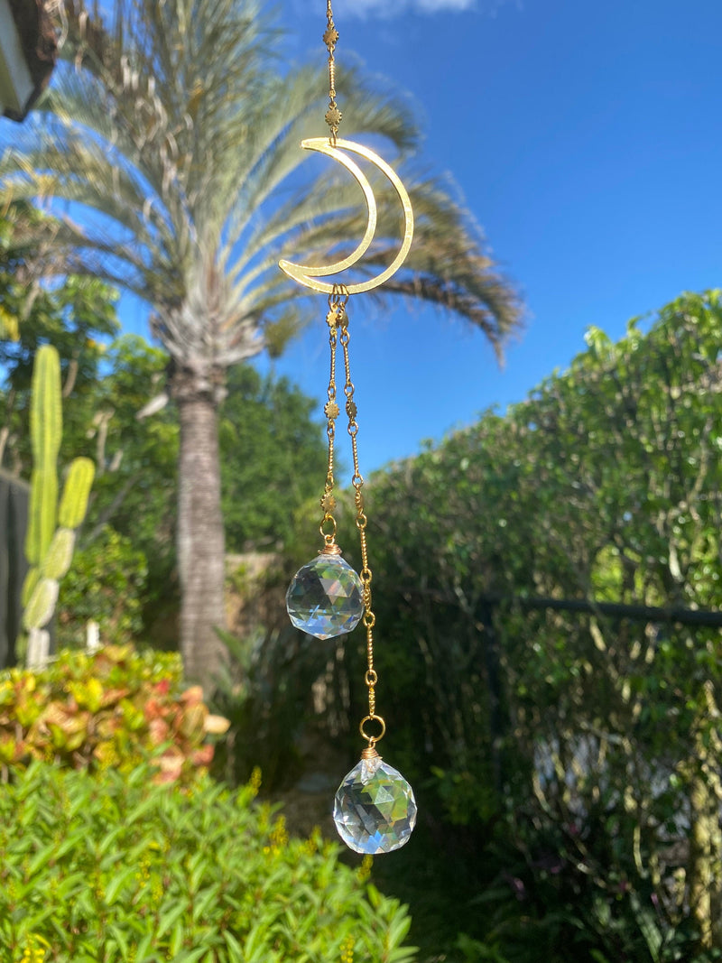 Crystal Crescent Moon Stars Gold Geometric Modern Suncatcher Rainbow Maker Wall Hanging Zen Celestial Good Luck Decor Gift for Her