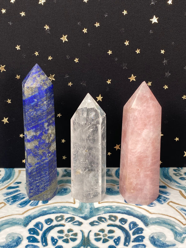 2.1-3.5" Rose Quartz, Lapis Lazuli, Clear Quartz Obelisk Tower Points, Beginner Crystal Lot Set of 3 Healing Crystals Gift