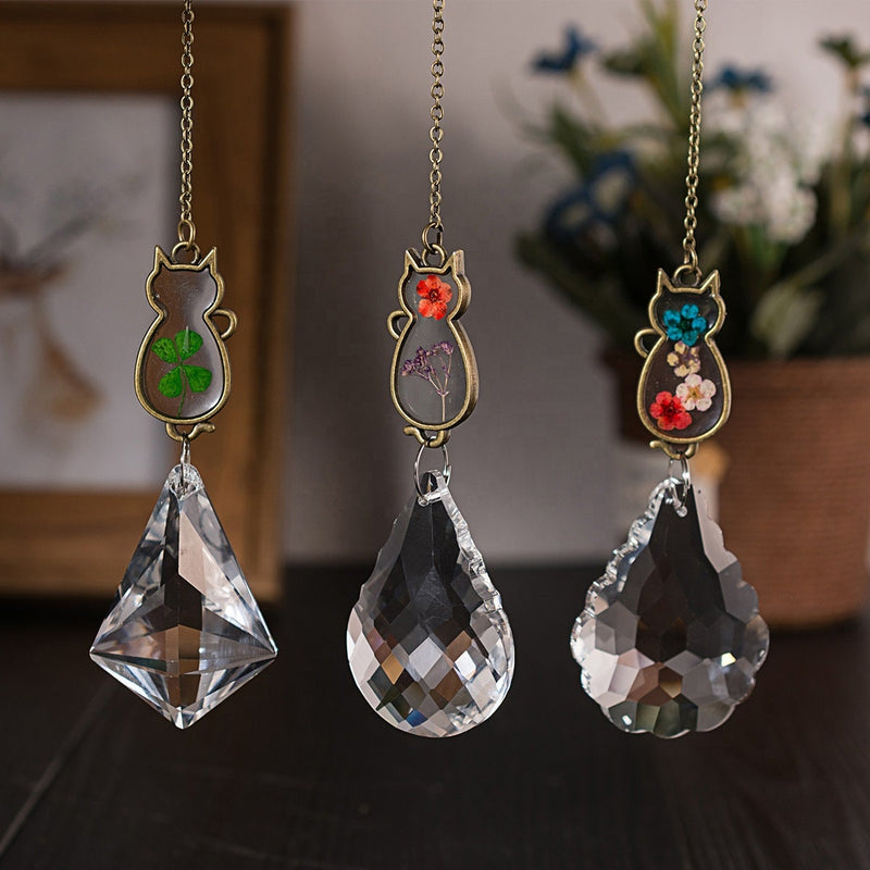 Choose 1 or Set of 3 Cat Suncatcher Dried Flowers 4 Leaf Clover Pendant Crystal Ornament Home Garden Window Kitty Birthday Bridesmaid Gift