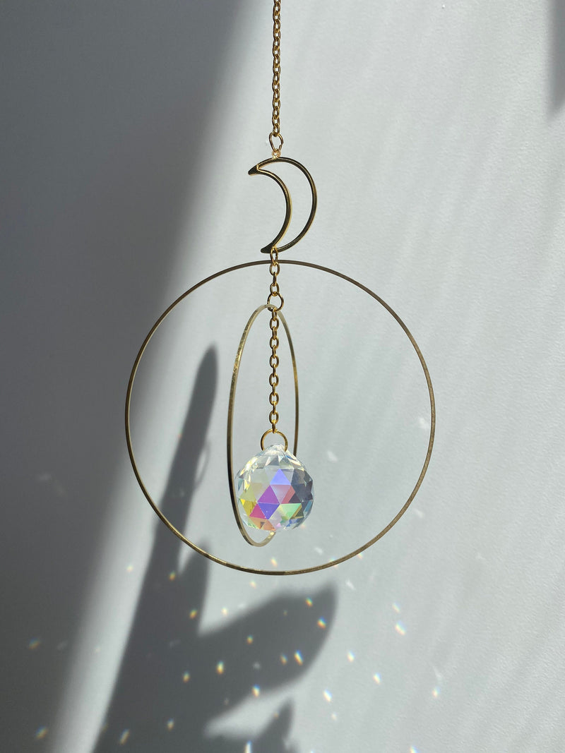 Large Geometric Crescent Moon Double Circle Suncatcher Gold Modern Clear Crystal Prism Celestial Hanging Zen Decor Good Luck Gift