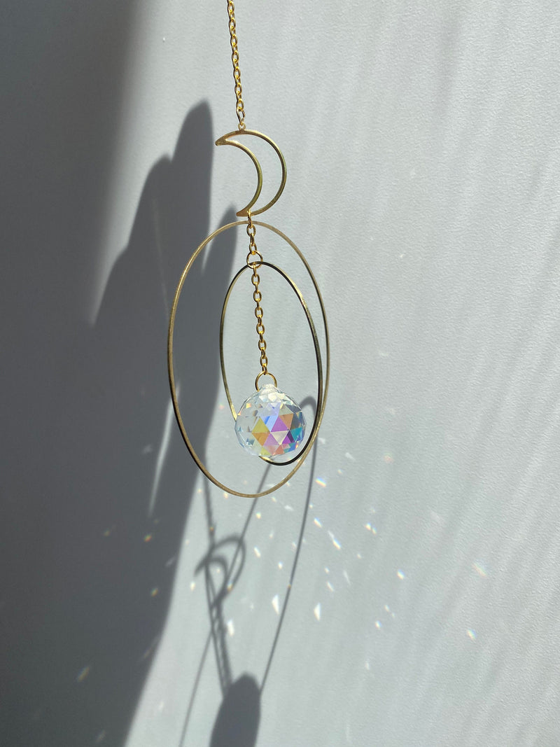 Large Geometric Crescent Moon Double Circle Suncatcher Gold Modern Clear Crystal Prism Celestial Hanging Zen Decor Good Luck Gift