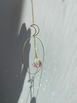 Large Geometric Crescent Moon Double Circle Suncatcher Gold Modern Clear Crystal Prism Celestial Hanging Zen Decor Good Luck Gift