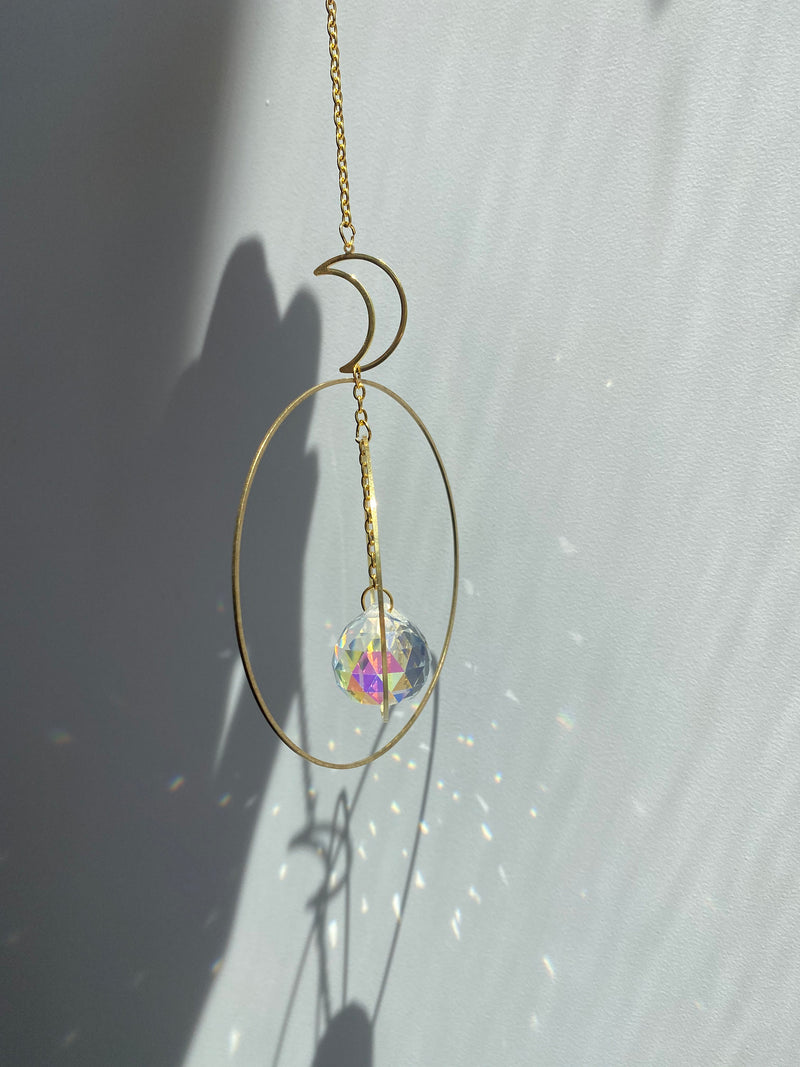 Large Geometric Crescent Moon Double Circle Suncatcher Gold Modern Clear Crystal Prism Celestial Hanging Zen Decor Good Luck Gift