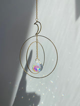 Large Geometric Crescent Moon Double Circle Suncatcher Gold Modern Clear Crystal Prism Celestial Hanging Zen Decor Good Luck Gift