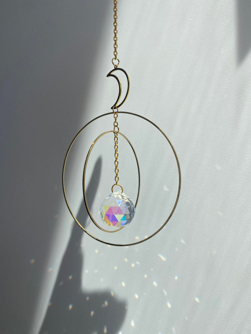 Large Geometric Crescent Moon Double Circle Suncatcher Gold Modern Clear Crystal Prism Celestial Hanging Zen Decor Good Luck Gift