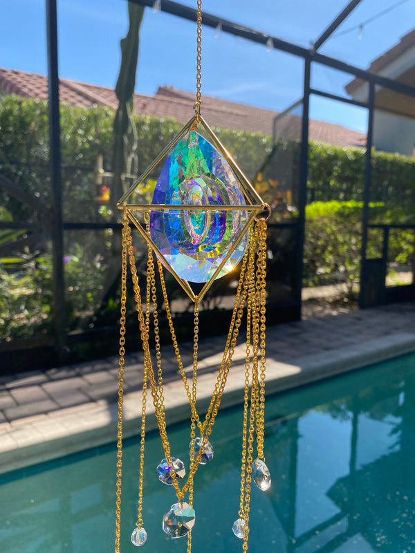 Large 76mm Prism Gold Geometric Modern Suncatcher, Celestial Clear Prism Balls Wall Hanging Zen Decor Protection Gift for Her