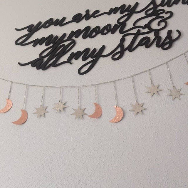 Crescent Moon Star Wall Hanging, Cosmic Lunar Phases, Hammered Copper Silver Garland Banner Horizontal Decoration Modern Decor Birthday Gift