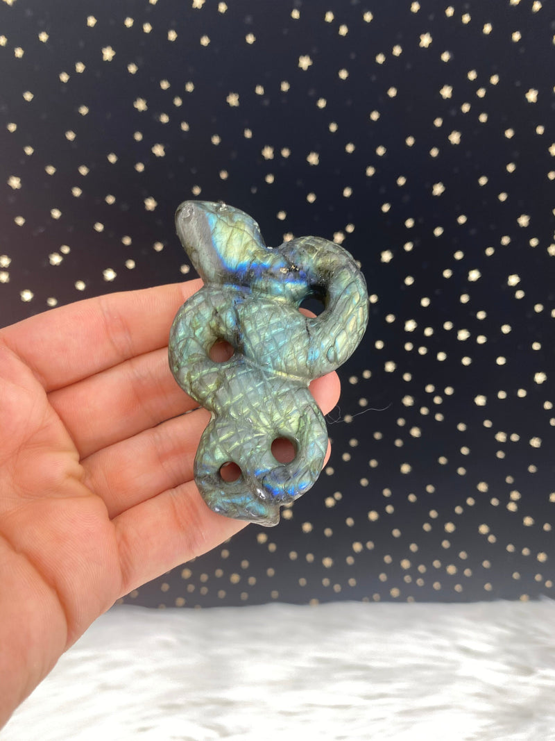 3.2" Large Blue Teal Labradorite Snake Hand Carved Crystal Serpent Fertility Gemstone High Flash Altar Birthday Anniversary Gift