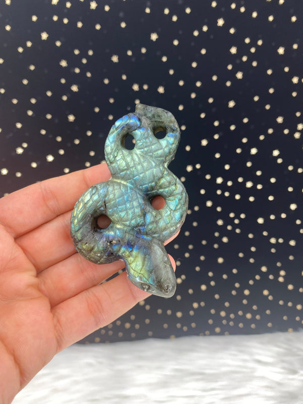 3.2" Large Blue Teal Labradorite Snake Hand Carved Crystal Serpent Fertility Gemstone High Flash Altar Birthday Anniversary Gift